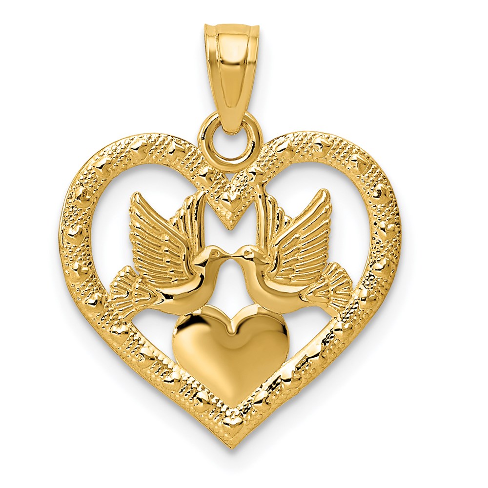 14K Gelbgold Poliert Doves in Herz Anhänger