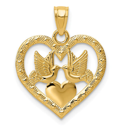 14K Gelbgold Poliert Doves in Herz Anhänger