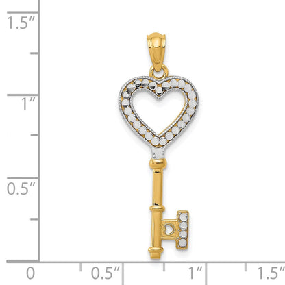 14K Gelb & Rhodium mit Weiß Poliert Herz Key Charm