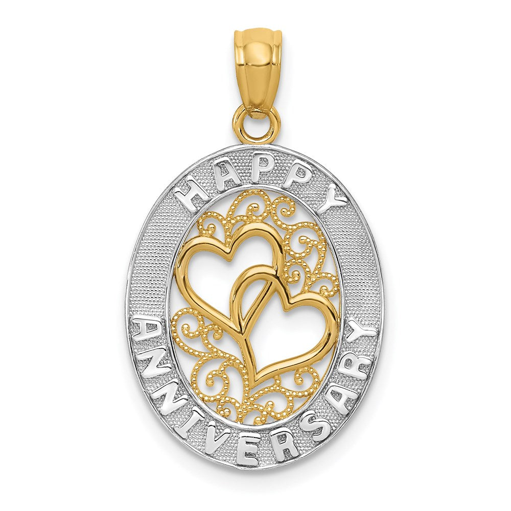 14K Gelb & Rhodium und Weiß Happy Jahrestag Herzen Anhänger