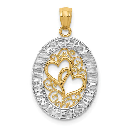 14K Gelb & Rhodium und Weiß Happy Jahrestag Herzen Anhänger