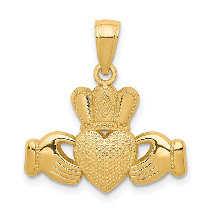 14K Gelbgold Claddagh Anhänger mit Strukturiert Krone