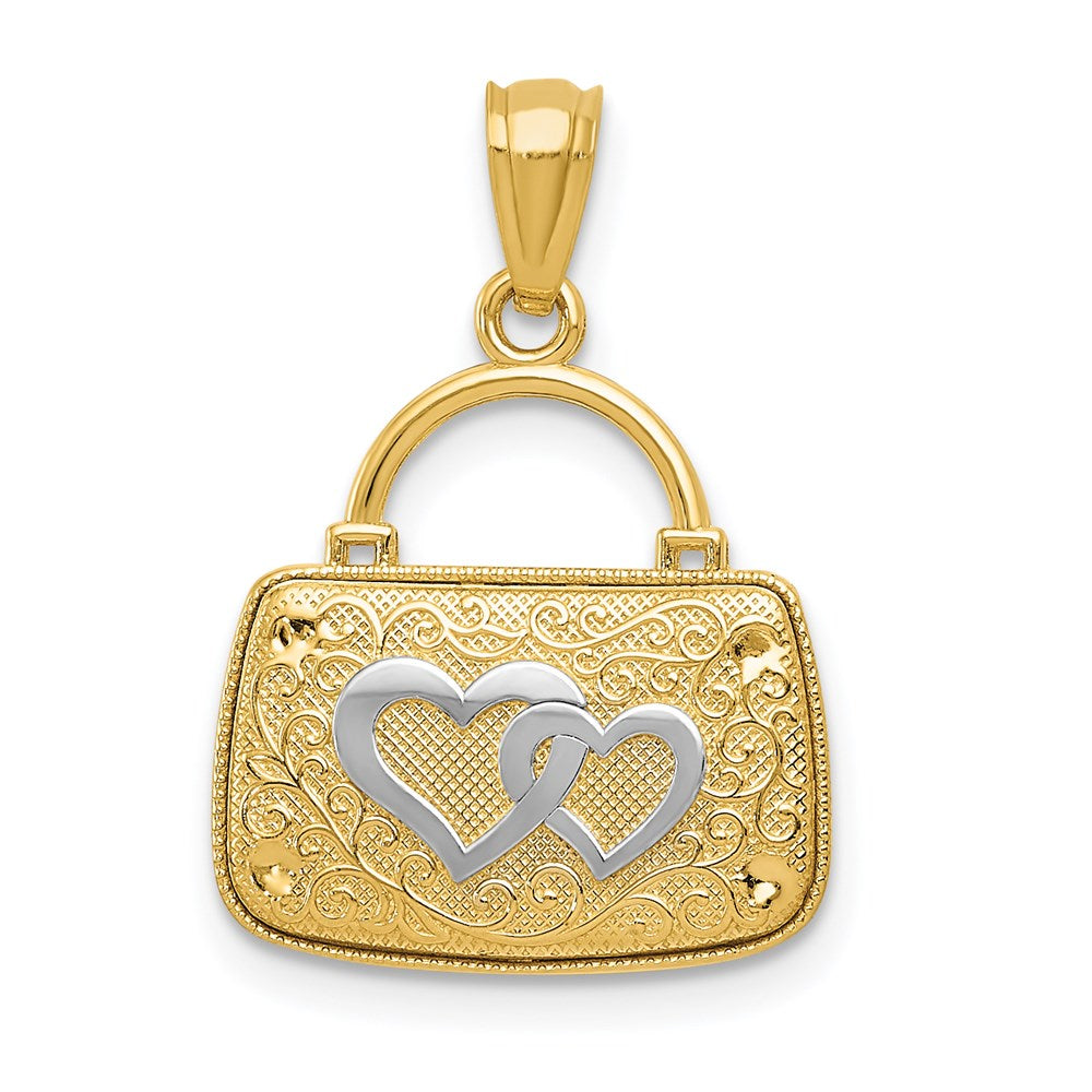 14K Gelbgold & Roségold mit Rhodium – 3D-Wendeanhänger „Handtasche und Herz“