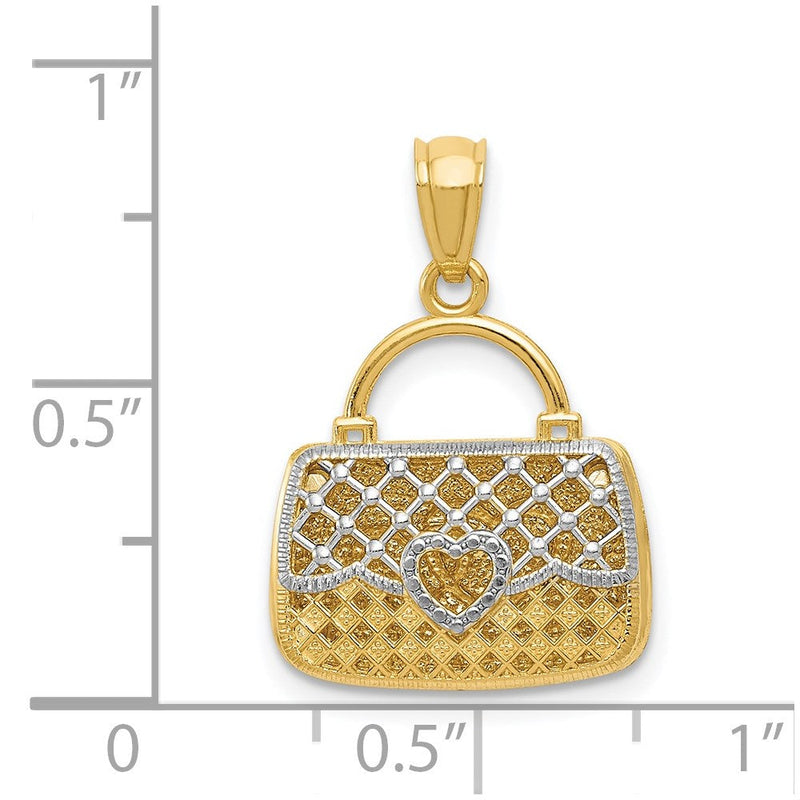 14K Gelbgold & Rhodium mit Rhodium 3D wendbarer Herz-Handtaschen-Anhänger