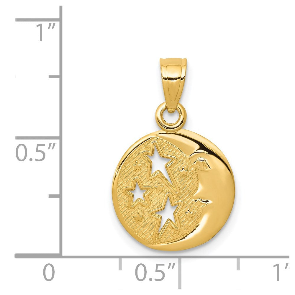 14K Gelbgold Poliert Flach-backed Mond mit Drei Sterne Anhänger