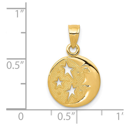 14K Gelbgold Poliert Flach-backed Mond mit Drei Sterne Anhänger