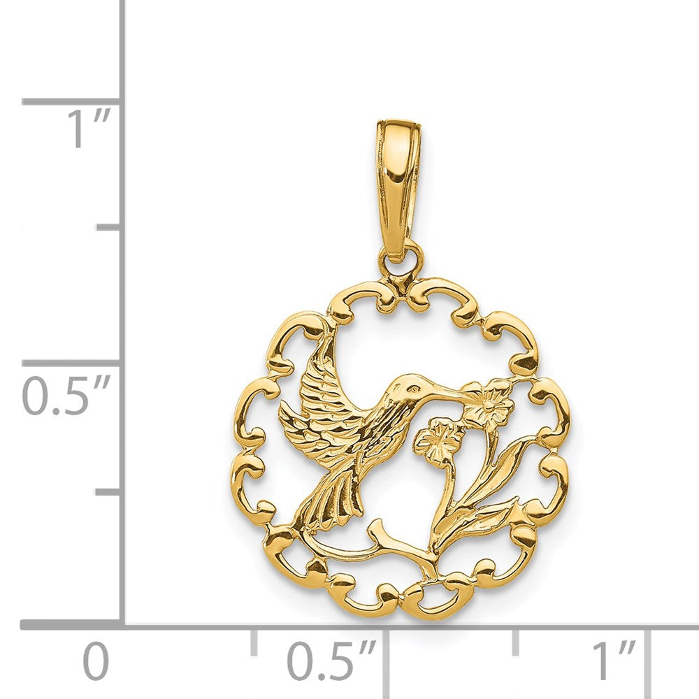 14K Gelbgold Hummingbird mit Blume in Rahmen Anhänger