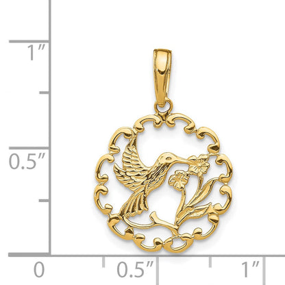 14K Gelbgold Hummingbird mit Blume in Rahmen Anhänger