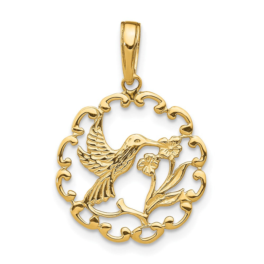 14K Gelbgold Hummingbird mit Blume in Rahmen Anhänger
