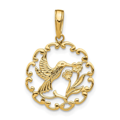 14K Gelbgold Hummingbird mit Blume in Rahmen Anhänger