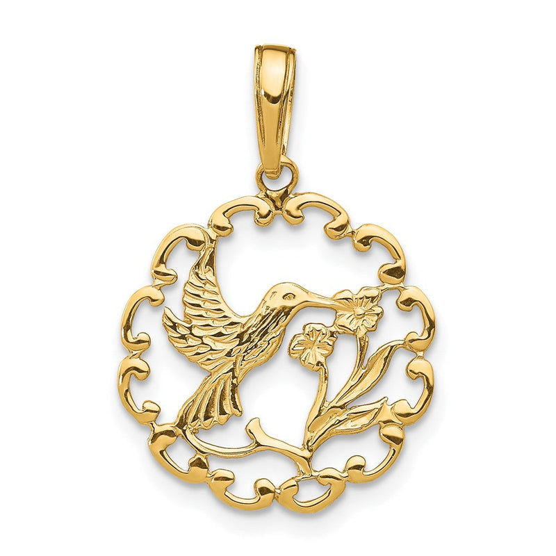 14K Gelbgold Hummingbird mit Blume in Rahmen Anhänger