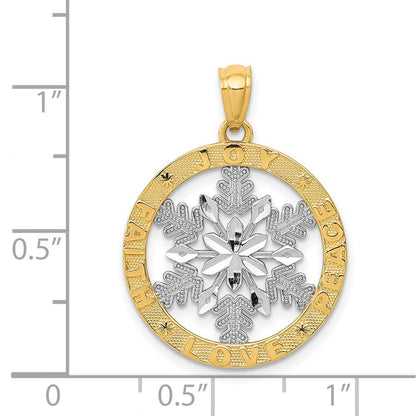 14K Gelb- und Rhodiumgold Schneeflocken-Anhänger „Freude/Frieden/Liebe/Glaube“