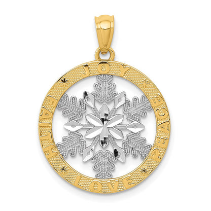 14K Gelb- und Rhodiumgold Schneeflocken-Anhänger „Freude/Frieden/Liebe/Glaube“