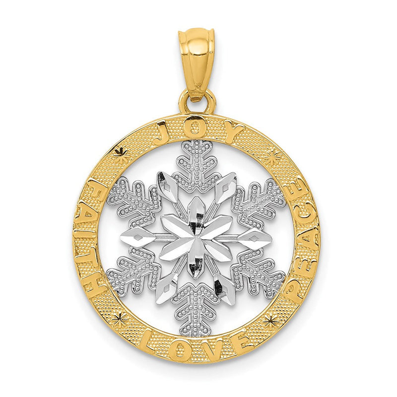 14K Gelb- und Rhodiumgold Schneeflocken-Anhänger „Freude/Frieden/Liebe/Glaube“