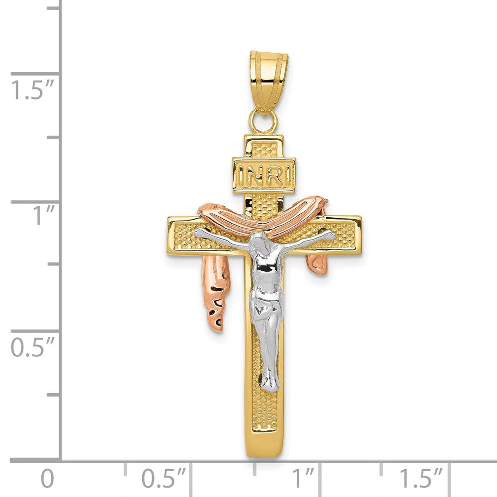 14K Tricolor-Gold Großer Drapierter INRI-Kruzifix-Anhänger