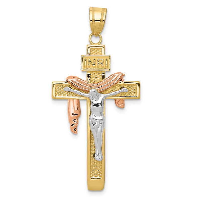 14K Tricolor-Gold Großer Drapierter INRI-Kruzifix-Anhänger