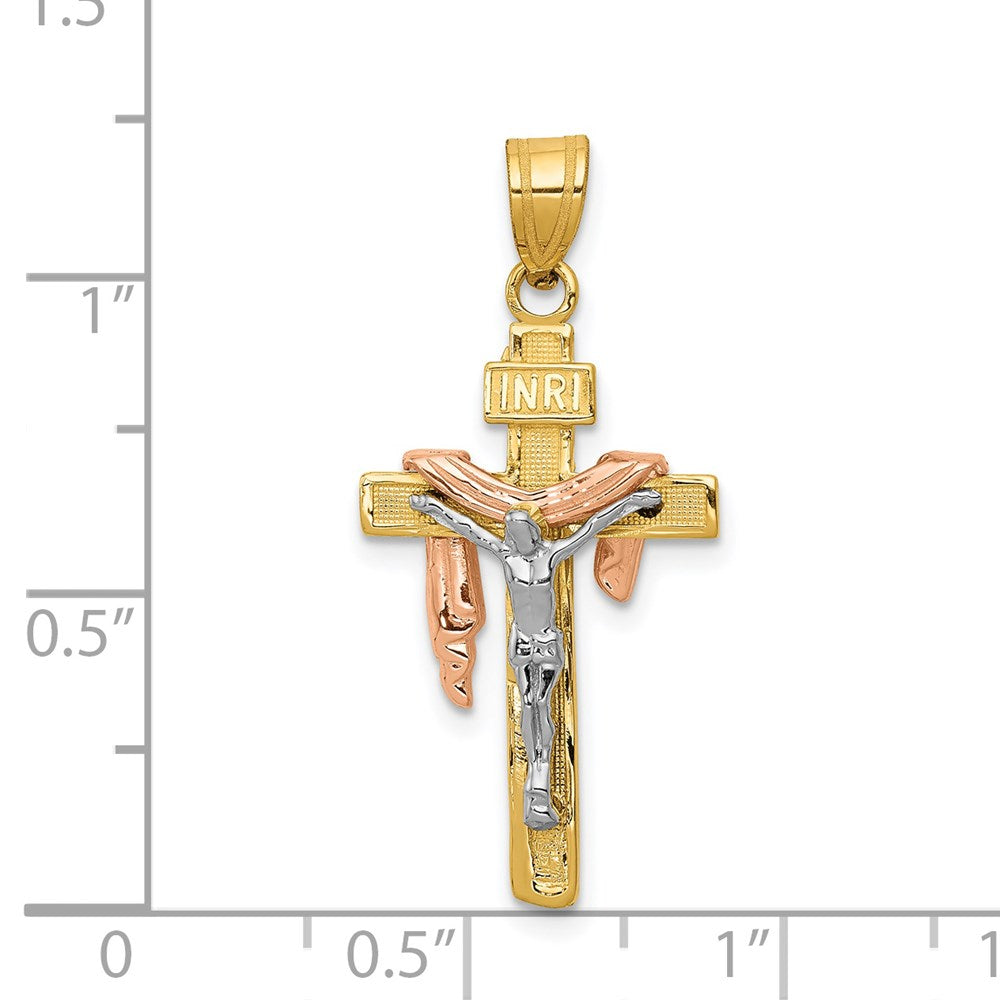 14K Tricolor Gold Diamant-geschliffener kleiner drapierter INRI-Kruzifix-Anhänger