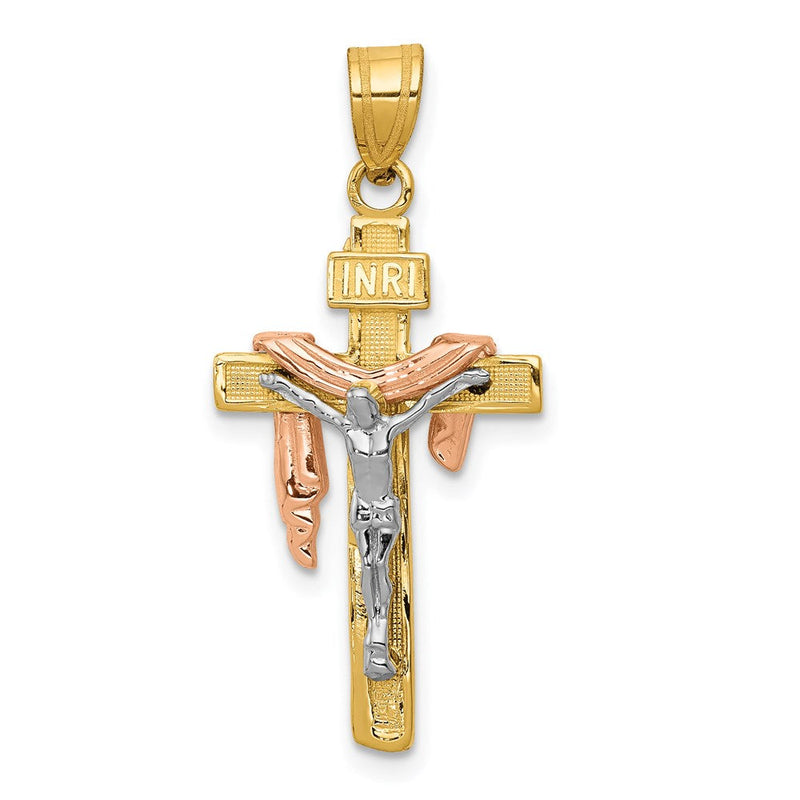 14K Tricolor Gold Diamant-geschliffener kleiner drapierter INRI-Kruzifix-Anhänger