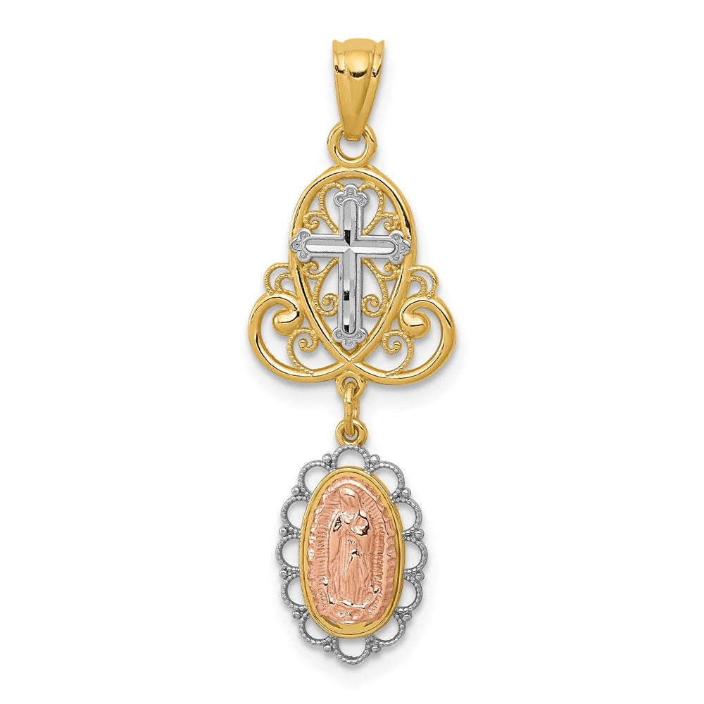 14K Bicolor mit Weiß Rhodium Damen Guadalupe Kreuz Anhänger