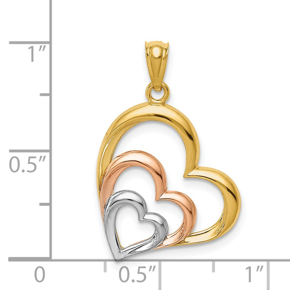 14K Bicolor und Weiß Rhodium Poliert 3 Herzen Anhänger