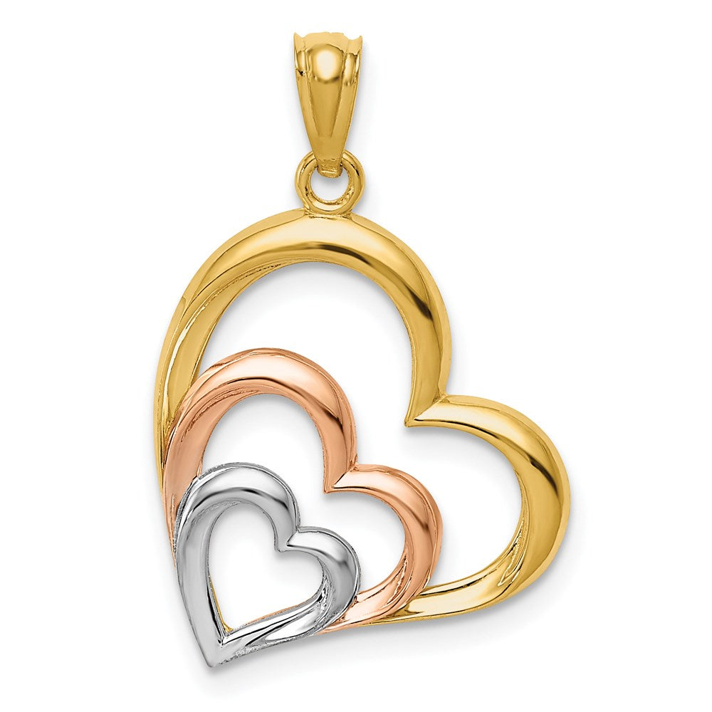 14K Bicolor und Weiß Rhodium Poliert 3 Herzen Anhänger