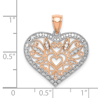 14K Roségold Rose mit Weißrhodium Poliert Fancy Herz-Anhänger