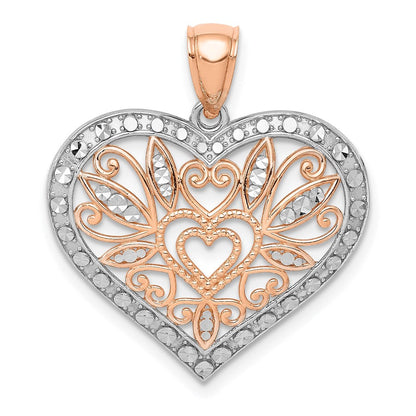 14K Roségold Rose mit Weißrhodium Poliert Fancy Herz-Anhänger