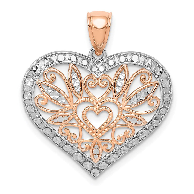 14K Roségold Rose mit Weißrhodium Poliert Fancy Herz-Anhänger