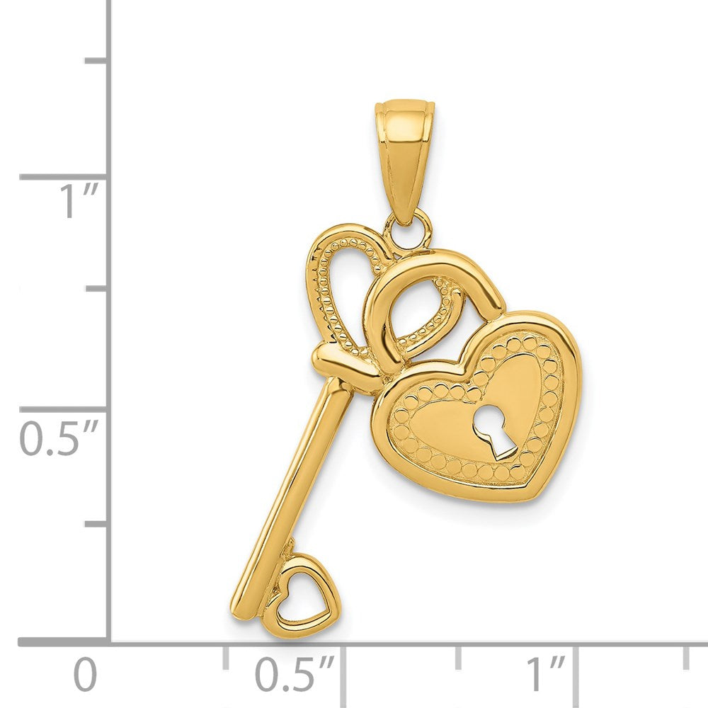 14K Gelbgold polierter Herz-Schlüssel- und Schloss-Charm