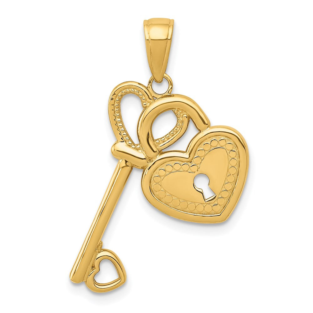 14K Gelbgold polierter Herz-Schlüssel- und Schloss-Charm