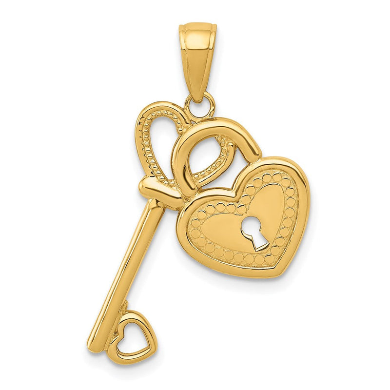 14K Gelbgold polierter Herz-Schlüssel- und Schloss-Charm