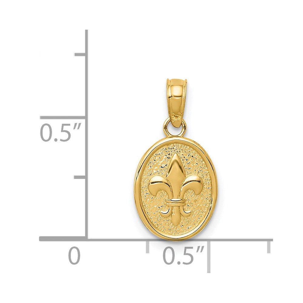 14K Gelbgold Poliert Klein Fleur De Lis in Oval Anhänger