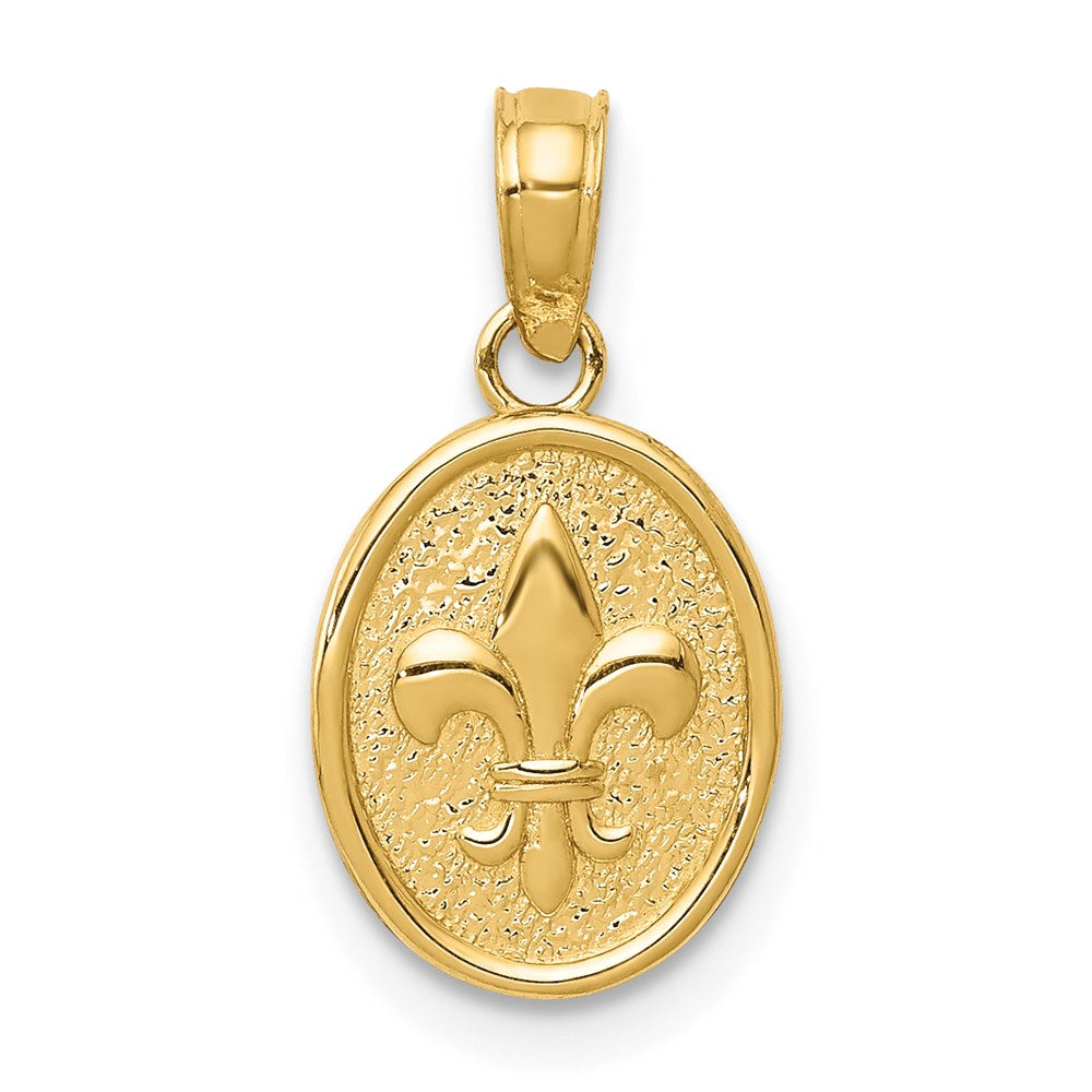 14K Gelbgold Poliert Klein Fleur De Lis in Oval Anhänger