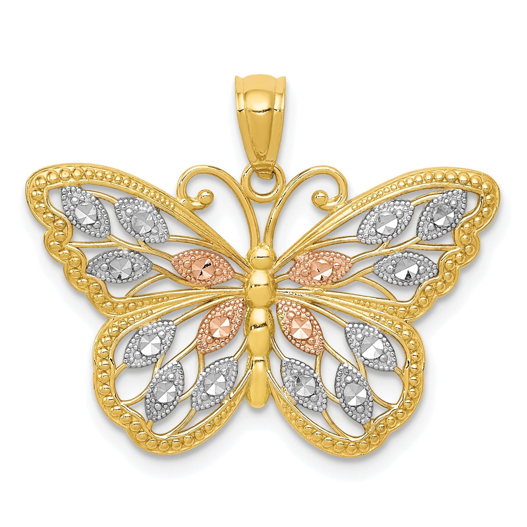 14K Gelb- und Rhodiumgold mit Weiß- und Rosé-Rhodium, diamantierter Schmetterlings-Anhänger