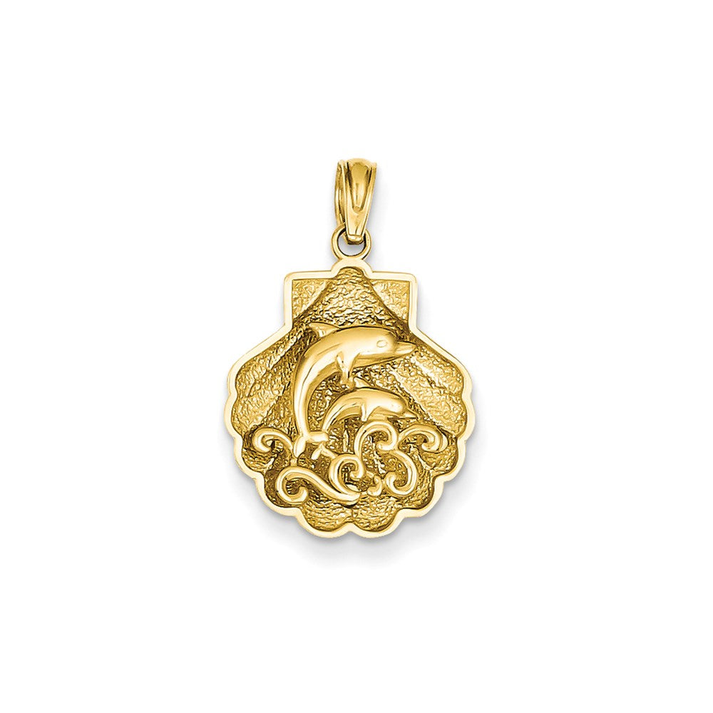 14K Gelbgold Anhänger mit Delfinen und Wellen in einer Muschel