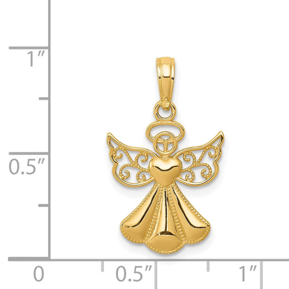14K Gelbgold Poliert/textured Schutzengel Engel mit Herz Anhänger