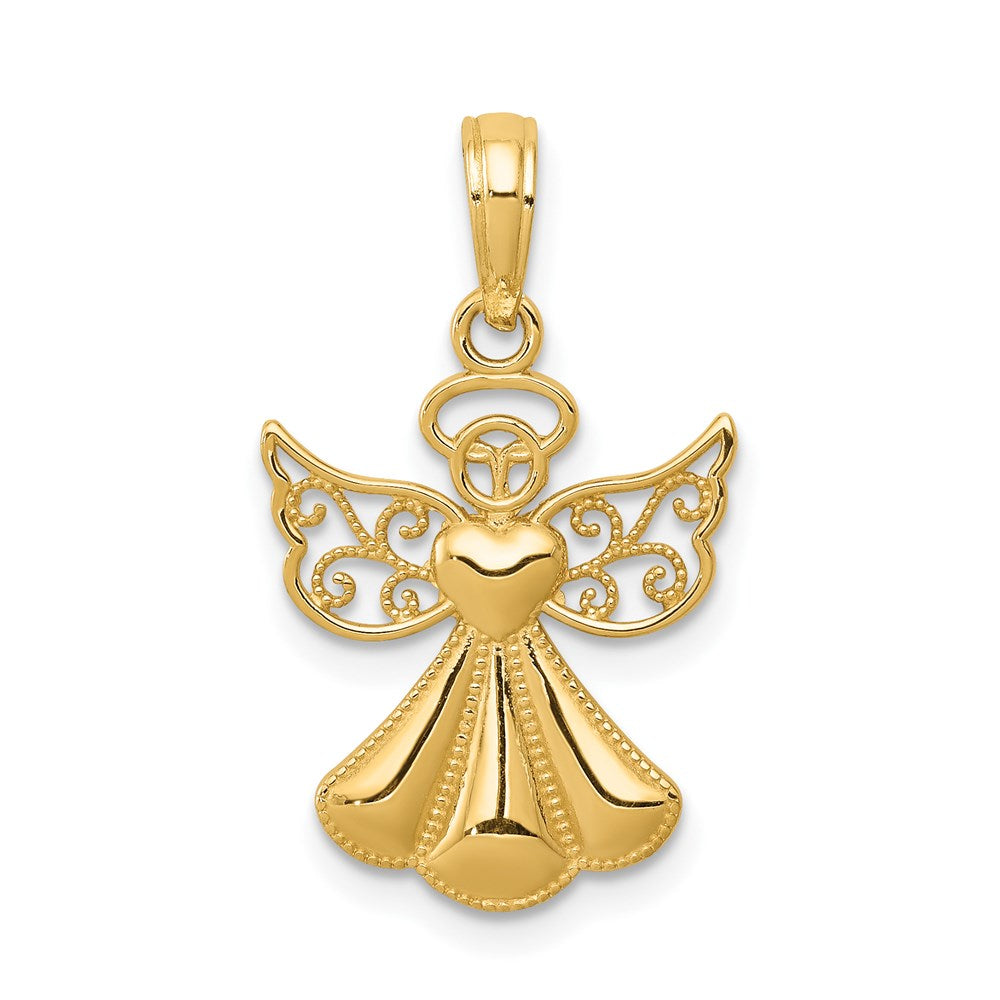 14K Gelbgold Poliert/textured Schutzengel Engel mit Herz Anhänger