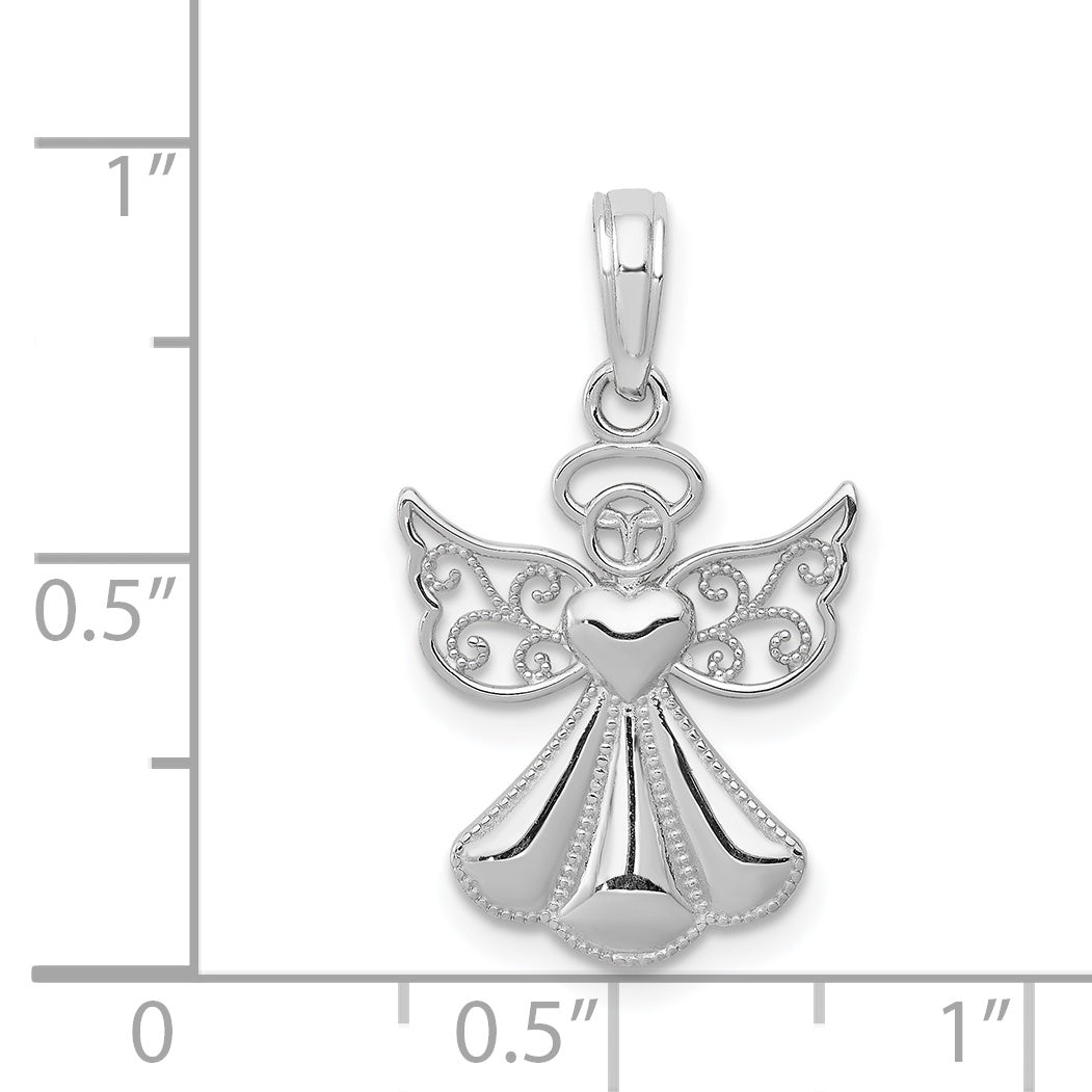14K Weißgold Poliert/textured Schutzengel Engel Herz Anhänger