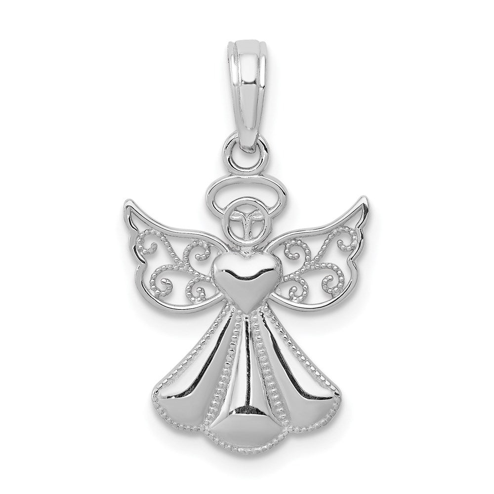 14K Weißgold Poliert/textured Schutzengel Engel Herz Anhänger