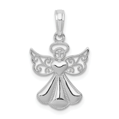 14K Weißgold Poliert/textured Schutzengel Engel Herz Anhänger