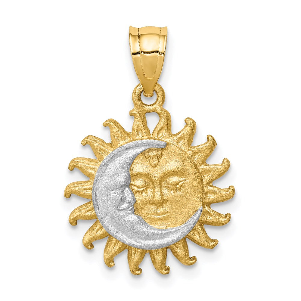 14K Gelb- und Rhodiumgold Sonne-und-Mond-Anhänger mit gebürstetem Weißrhodium