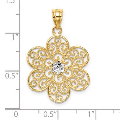 14K Gelbgold und Weißrhodium mit Rhodium, poliert und diamantiert, Blüten-Anhänger