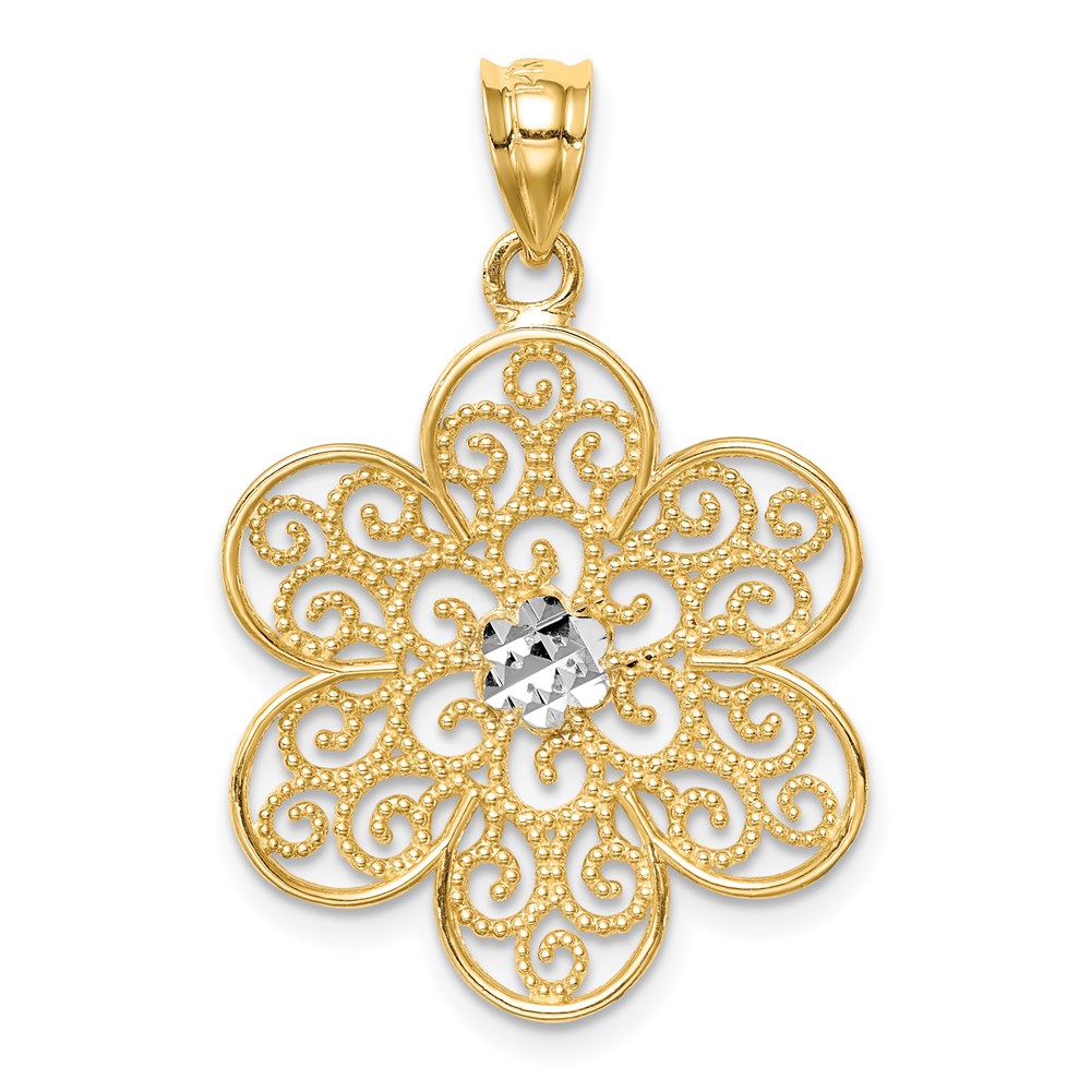 14K Gelbgold und Weißrhodium mit Rhodium, poliert und diamantiert, Blüten-Anhänger
