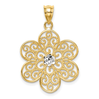 14K Gelbgold und Weißrhodium mit Rhodium, poliert und diamantiert, Blüten-Anhänger