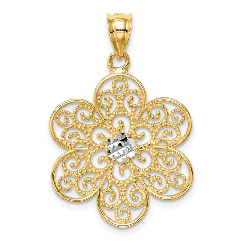 14K Gelbgold und Weißrhodium mit Rhodium, poliert und diamantiert, Blüten-Anhänger