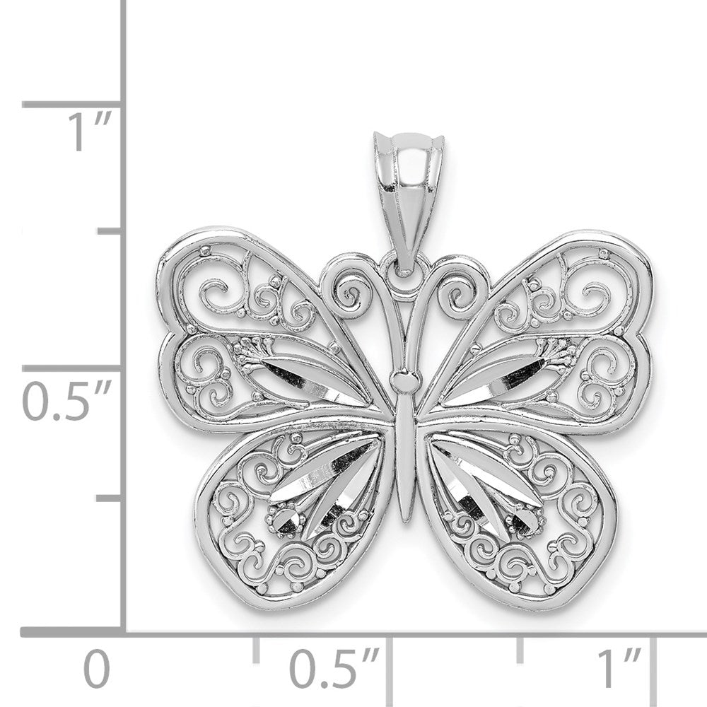 14K Weißgold Weiß Poliert & Diamantgeschliffener Schmetterling-Anhänger