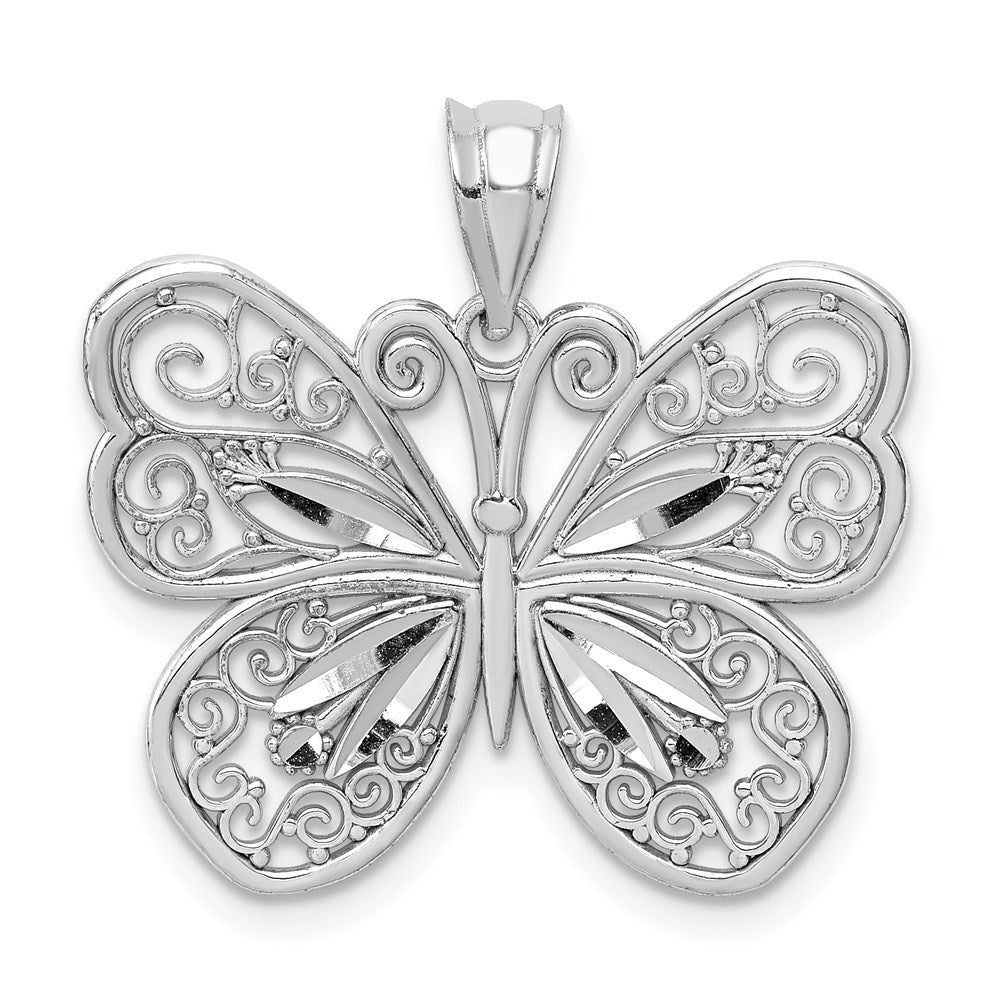 14K Weißgold Weiß Poliert & Diamantgeschliffener Schmetterling-Anhänger