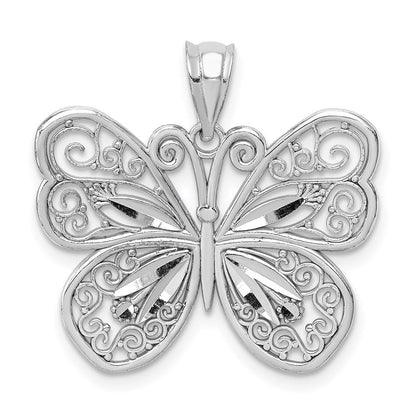14K Weißgold Weiß Poliert & Diamantgeschliffener Schmetterling-Anhänger