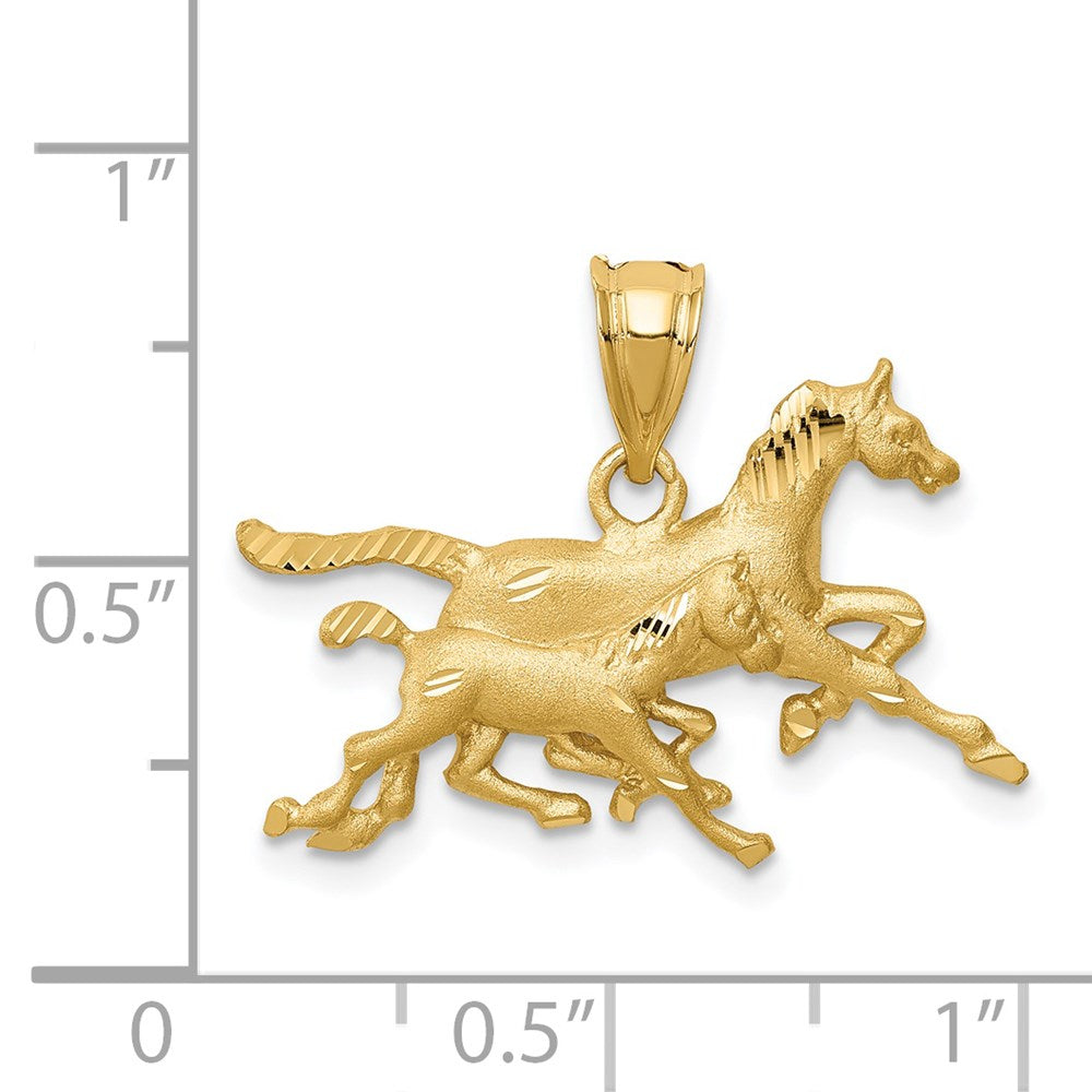 „14K Gelbgold Anhänger mit gebürsteten und diamantierten laufenden Pferden“