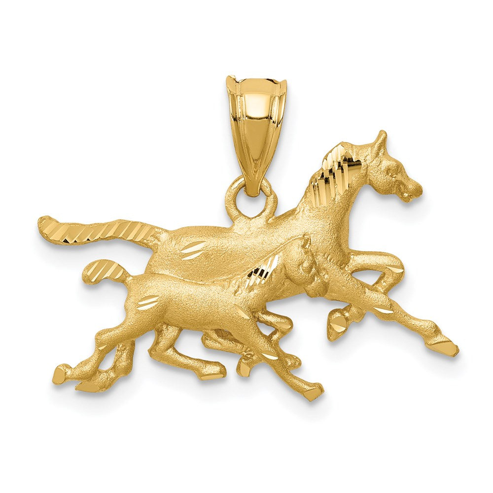 „14K Gelbgold Anhänger mit gebürsteten und diamantierten laufenden Pferden“